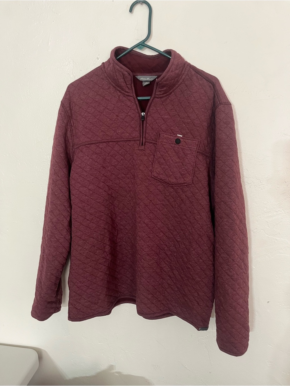 Eddie Bauer Men’s Quilted Half-Zip Pullover Front Pocket Sweater Shirt Burgundy